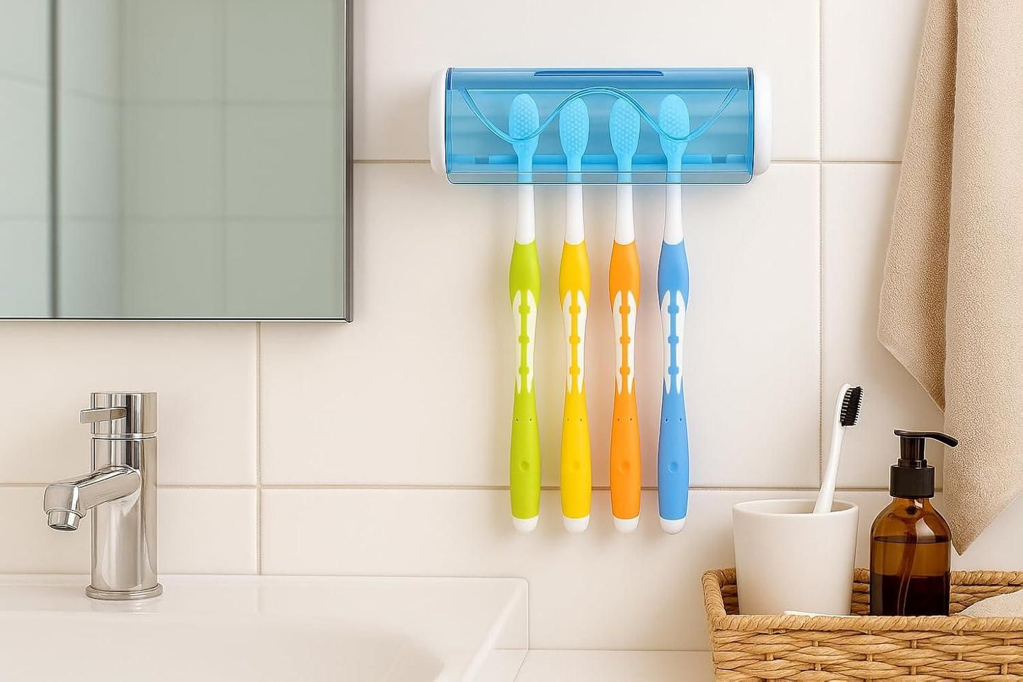 Foreign Holics Self-Adhesive Plastic Toothbrush Holder with Cover for Bathroom